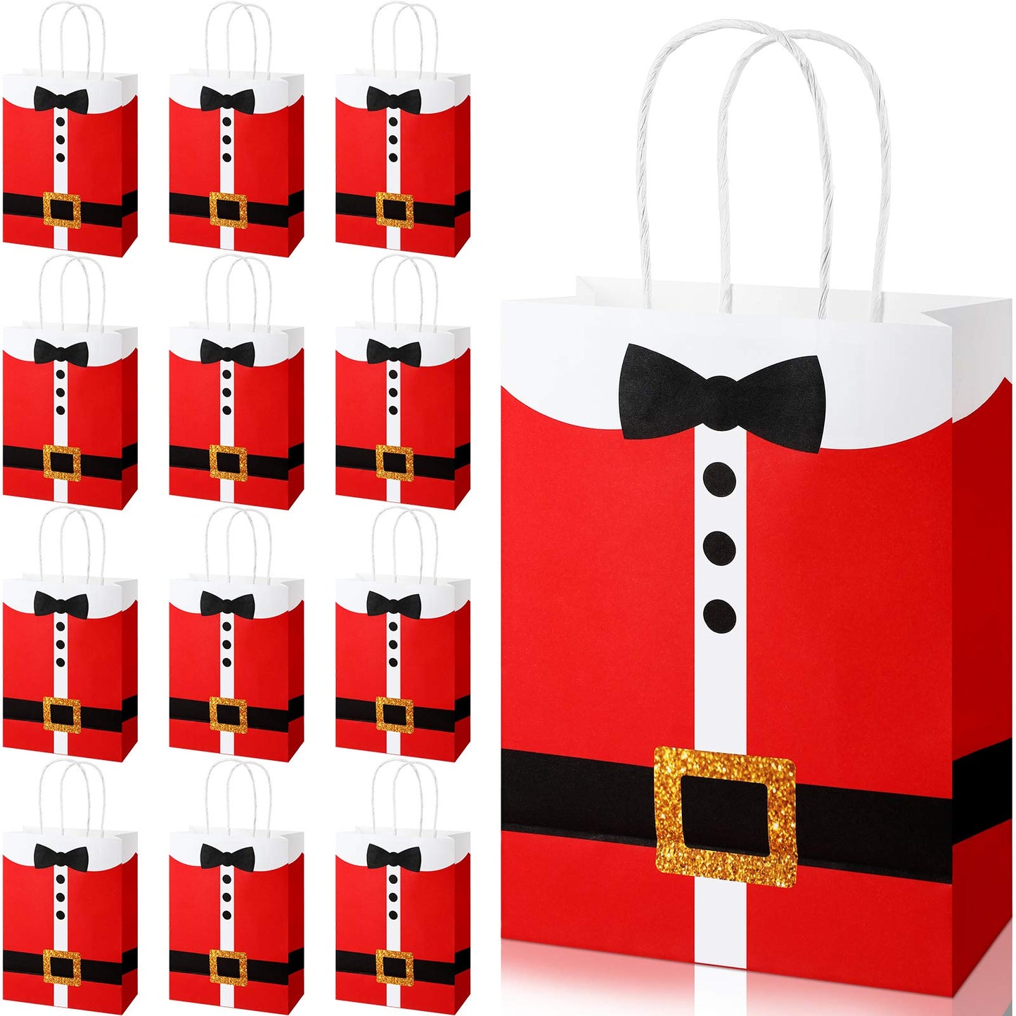 16 Large Santa Clause Suit Print Bags with Handle, Durable Kraft Paper Present Wrapping Bags for Xmas Party Supplies, 6.3 x 3.1 x 8.7 Inches