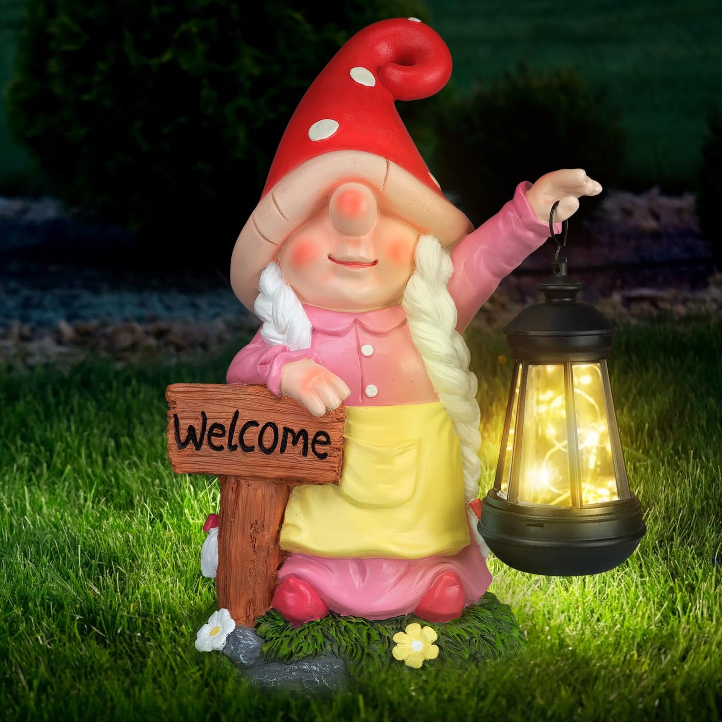 FLJZCZM Solar Garden Gnome Statue Holding LED Lantern with Welcome Sign Outdoor Ornaments Waterproof Christmas Decoration for Outside Patio Yard Lawn Decor (Pink)