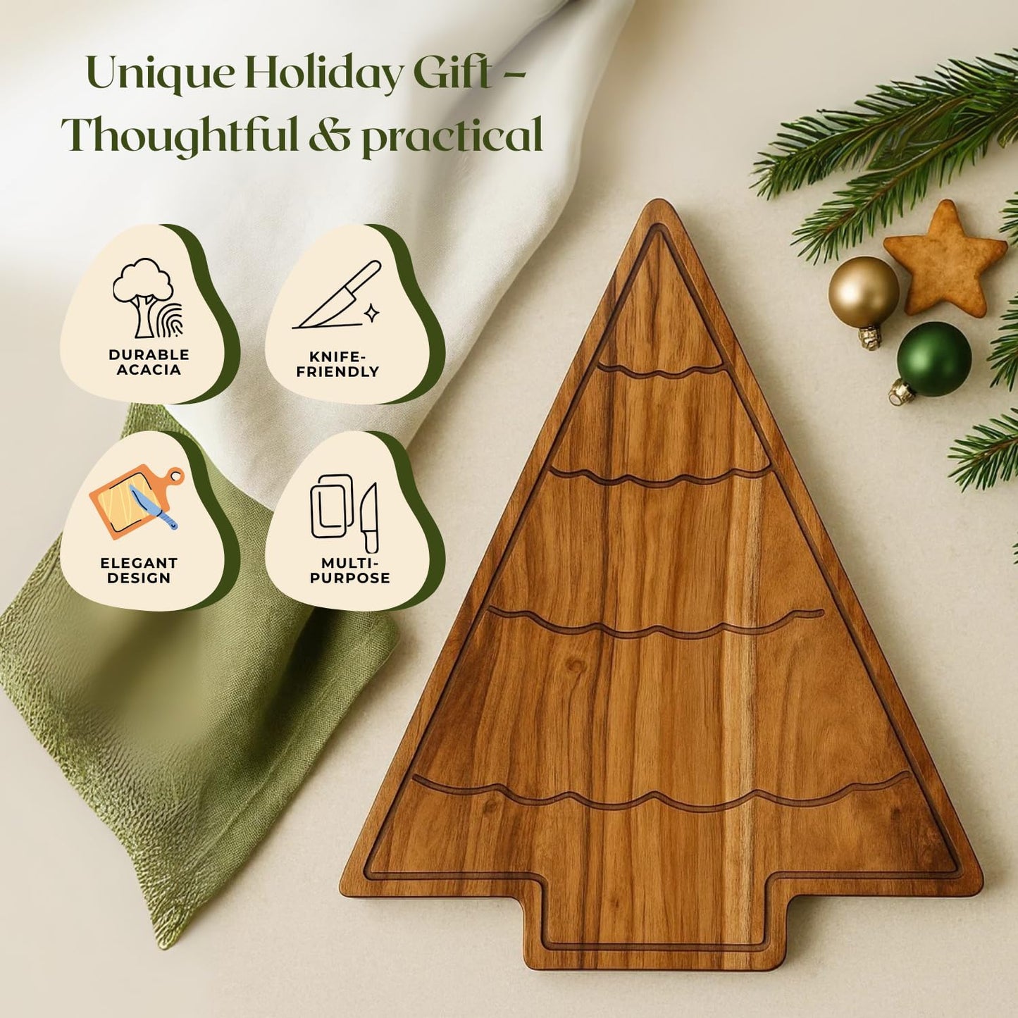 Aurah Acacia Wood Christmas Tree Cutting Board 13.5x11 Inch - Chopping Board with Handle, Xmas Cheese Appetizer Tray, Wooden Decorative Serving Platter for Kitchen & Holiday Party