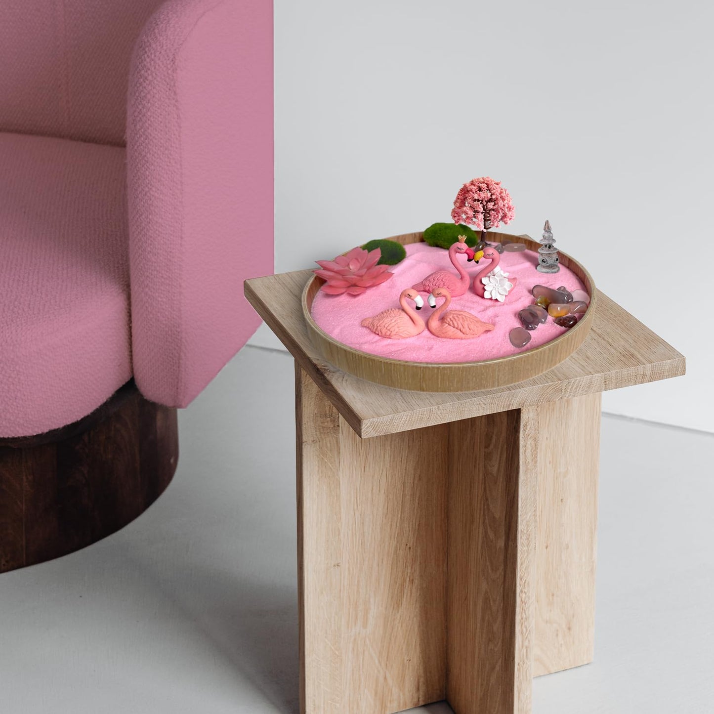 Threeheng Flamingo Zen Garden for Desk - Pink Flamingo Decor, Sand Tray Therapy Kit for Desk and Office, Cute Japanese Décor Gift for Women, Mini Zen Garden for Relaxation and Stress Relief