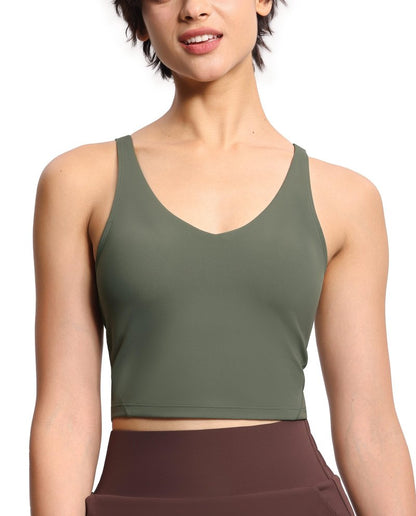 Women’s Longline Sports Bra Wirefree Padded Medium Support Yoga Bras Gym Running Workout Tank Tops Olive Green