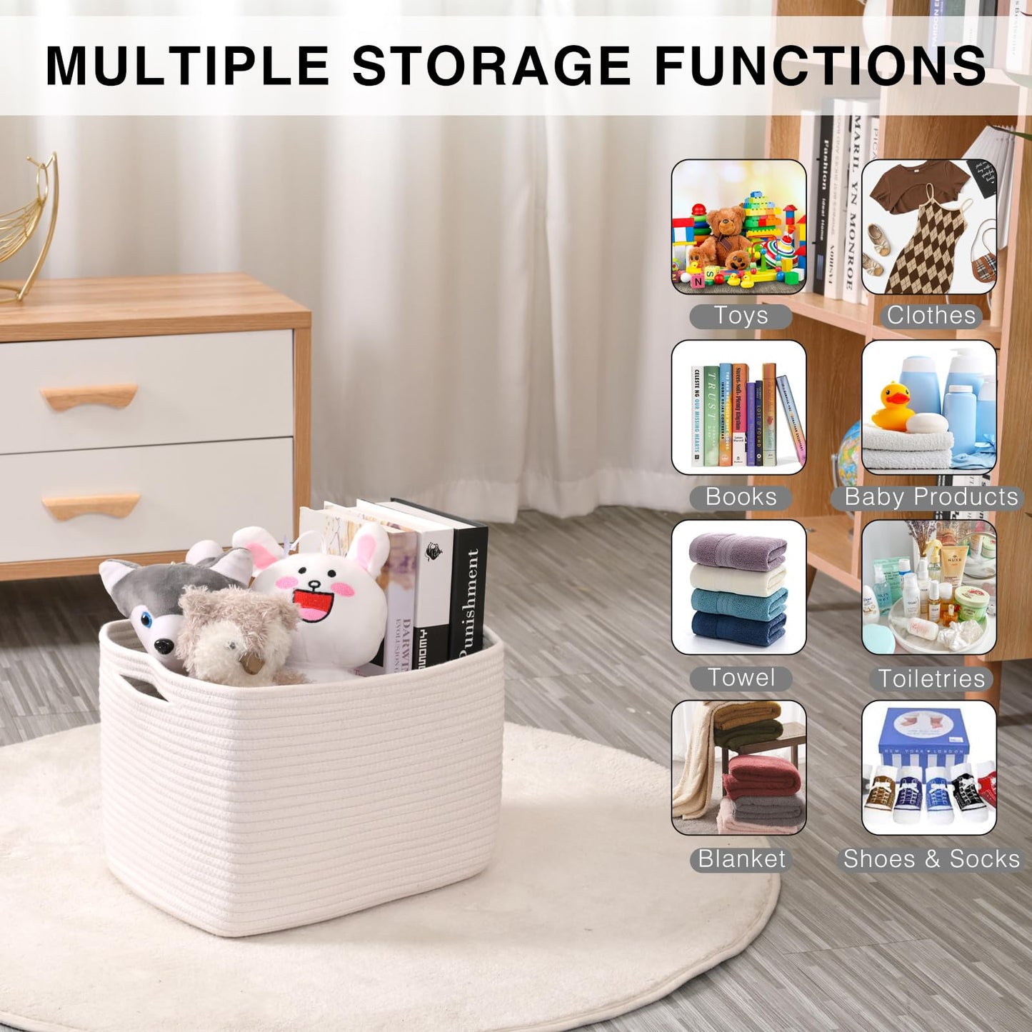 ICERZCZ Storage Baskets for Organizing Shelves, Woven Cotton Rope Bins for Baby Nursery Organization, Book Toy Towel Organizer, 15"x11"x9.5", 3 Packs, Off White