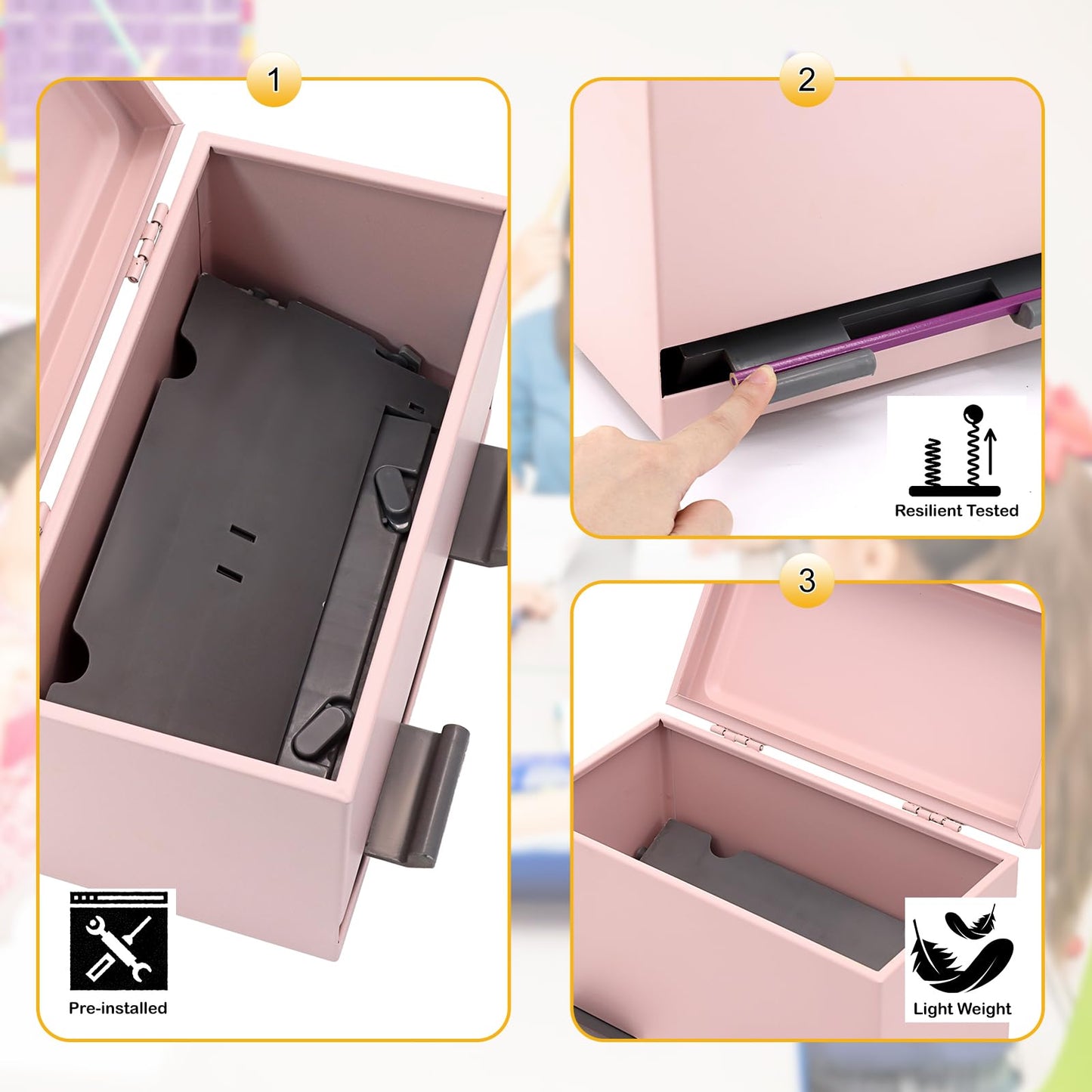 SYMDROMIA Pencil Dispenser for Classroom Stainless Steel Pencil Holder for Desk, Pencil Dispenser Set with Silicone Organizer & 5 Stickers, Back to School Classroom Must Haves Teacher Supplies (Pink)