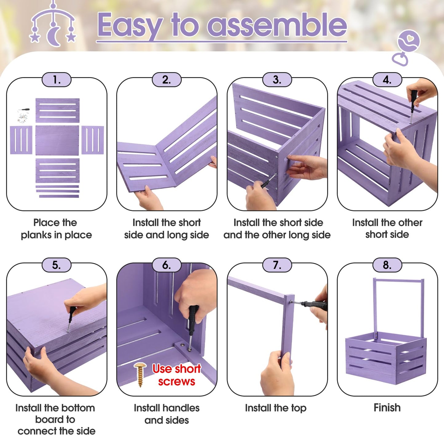 Suzile Wooden Baby Shower Crate Closet Wood Basket for Gifts with Handle Boy Girl Clothes Gender Reveal Storage Box for Newborn New Parent(Purple)