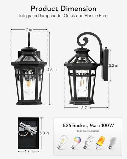Outdoor Light Fixtures Wall Mount, 2-Pack Outdoor Wall Sconce Dusk to Dawn, Exterior Lantern with E26 Base, Matte Black Finish Coach Lights for Garage, Waterproof Outside Lights for House