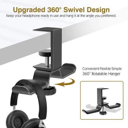 MoKo Headphone Hanger, Aluminum 360° Rotating Dual Headphone Stand Under Desk Headset Holder Earphone Mount with Adjustable Clamp for All Headphones,PC Gaming Headphone - Black