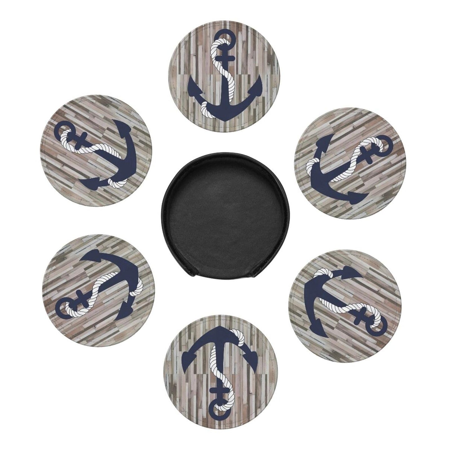Nautical Navy Blue Anchor Wood Plank Premium Leather Coasters - Set of 6 with Holder, Stylish Beverage Coasters for Kitchen, Coffee and Home Decor