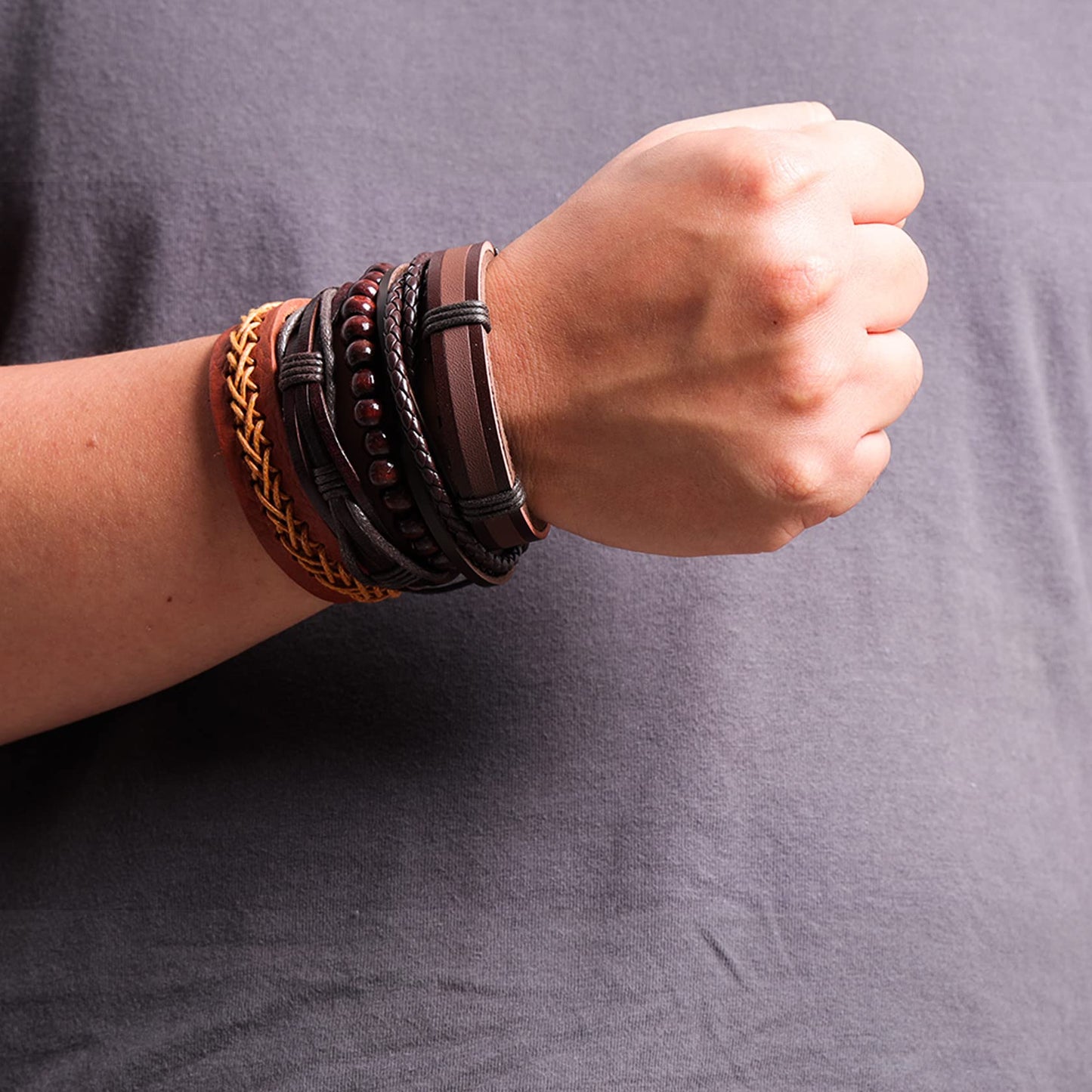 MILAKOO 10 Pcs Braided Leather Bracelet for Men Women Wooden Beaded Bracelets Wrap Adjustable