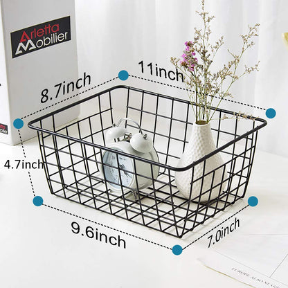 Wire Storage Baskets, 4 Pack Metal Household Organizer with 4 Pcs Fabric Liners, Refrigerator Bin with Handles, for Pantry, Shelf, Freezer, Kitchen Cabinet, Bathroom, Countertop, Closets (Black)