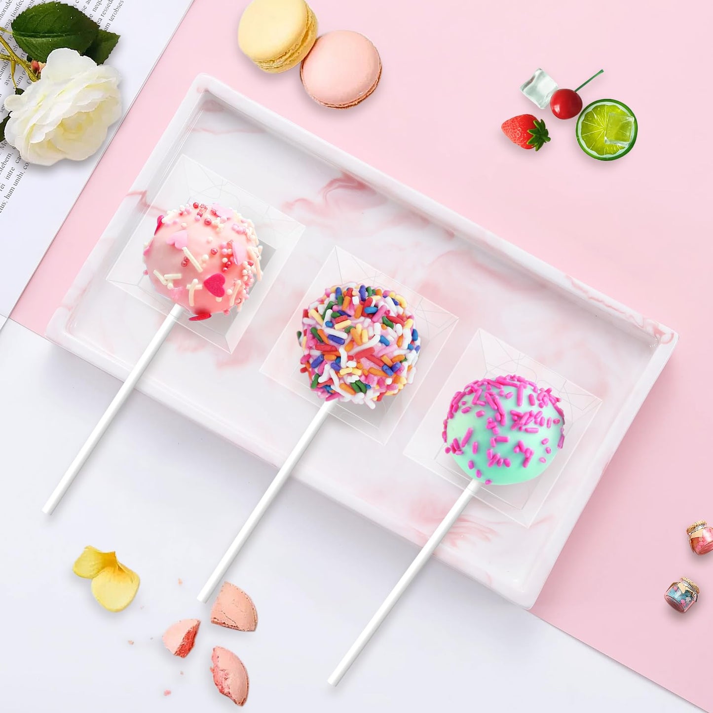 MGWOTH 100 Set Cake Pop Boxes with Paper Sticks Kit: Clear Gift Container with Holes for Candy, Macaron, Lollipop Packaging, Mini Plastic Cakepop Wrapping for Wedding Party Birthday Christmas