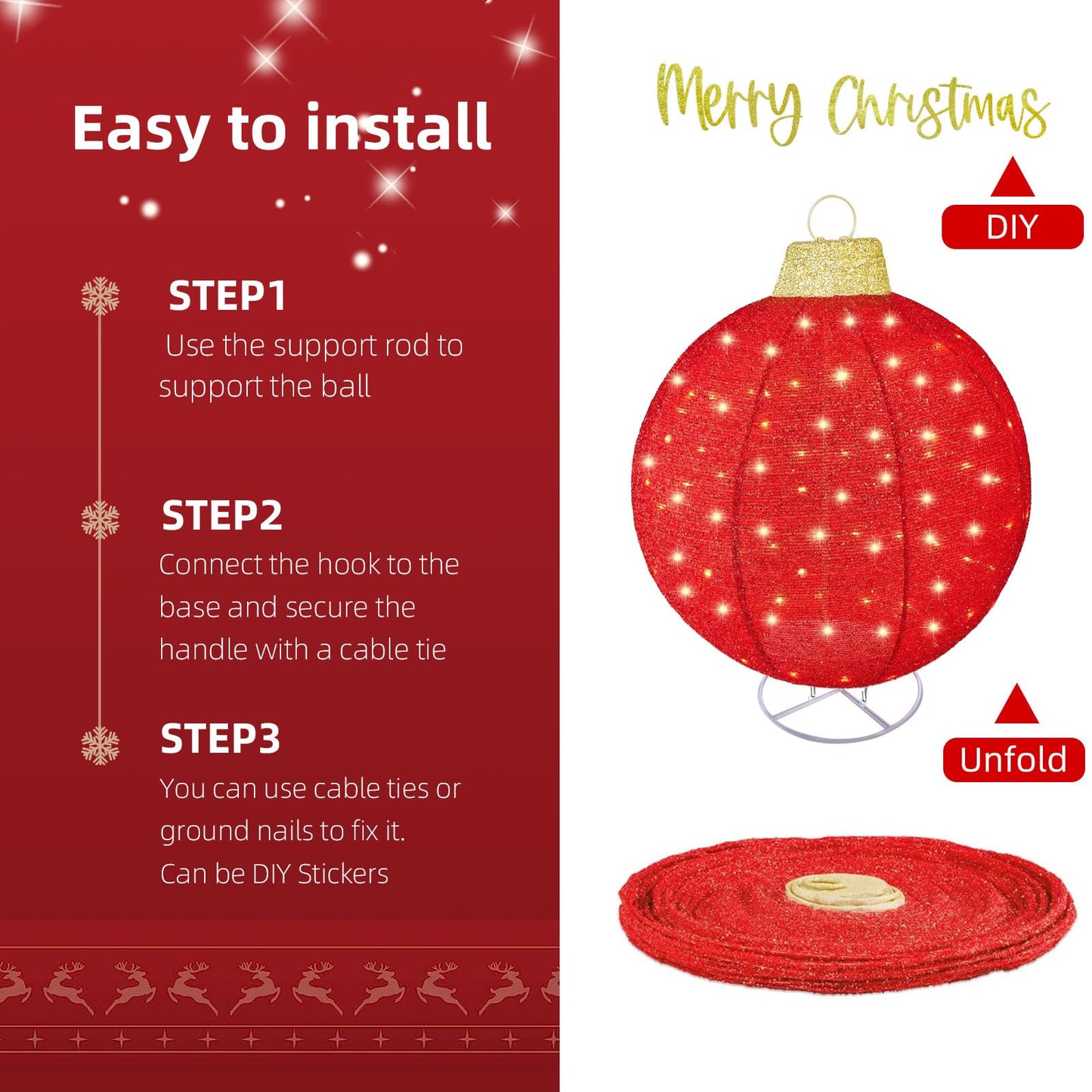 HOYECHI 4-Piece Oversized Christmas Ornament Set – Lighted Holiday Balls with 400 LEDs, 8 Lighting Modes, Waterproof Outdoor Yard Decorations - Red/Green/White/Yellow