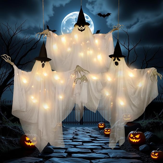 SUNBEAUTY Hanging Ghost, Halloween Decorations Outdoor/Indoor-3Pcs Ghost Decor with Light, Halloween Ornaments, Hallowee n Decor for Tree, Yard, Window, Garden