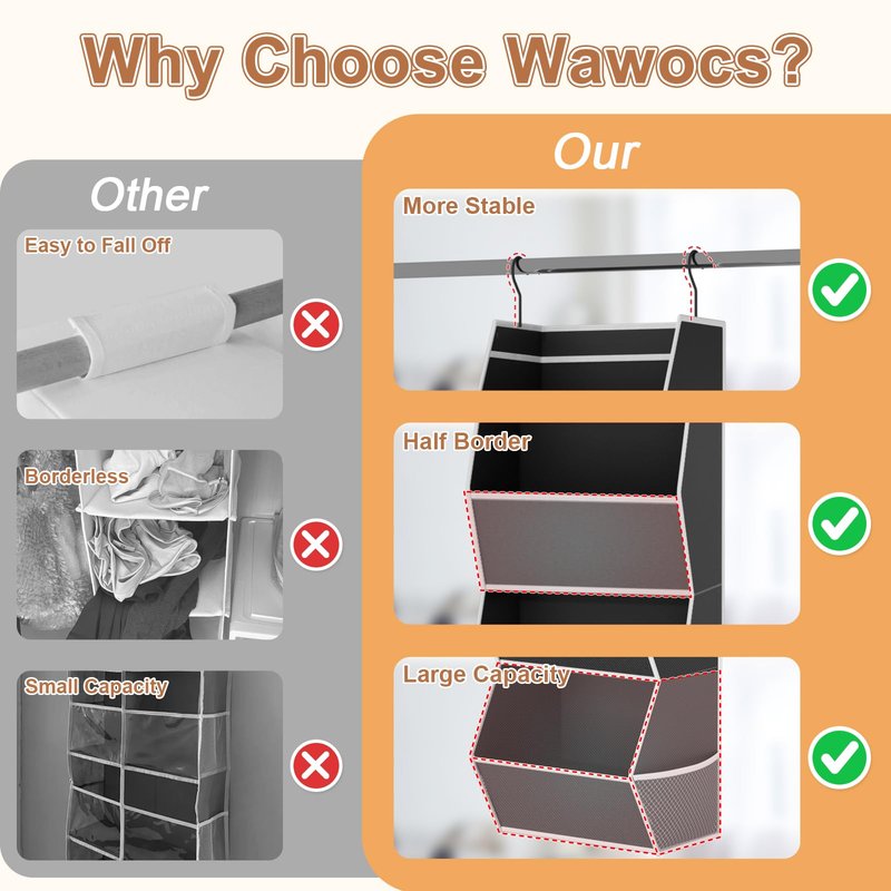 Hanging Closet Organizer 3 Shelf Collapsible Bedroom Closet Organizers and Storage Hanging with Mesh Pocket for Clothes, Closet Hanging Organizers and Storage for Fabric Wardrobe Space Saver, Black