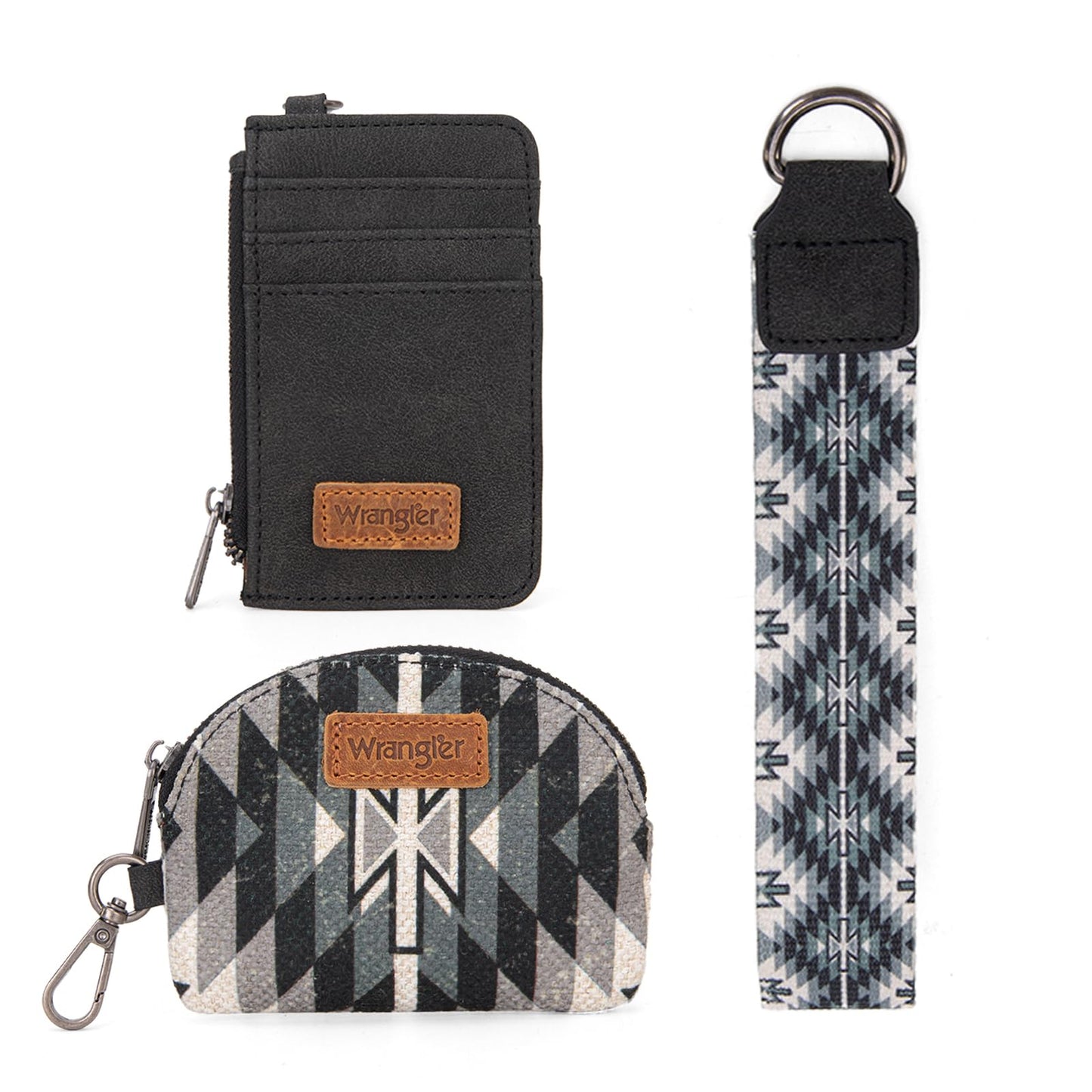 Wrangler Western Aztec Keychain Wristlet Wallets for Women Dual Pouch Wristlet Portable Credit Card Holder Wallet with Zipper Pocket WG2213-W0051BK