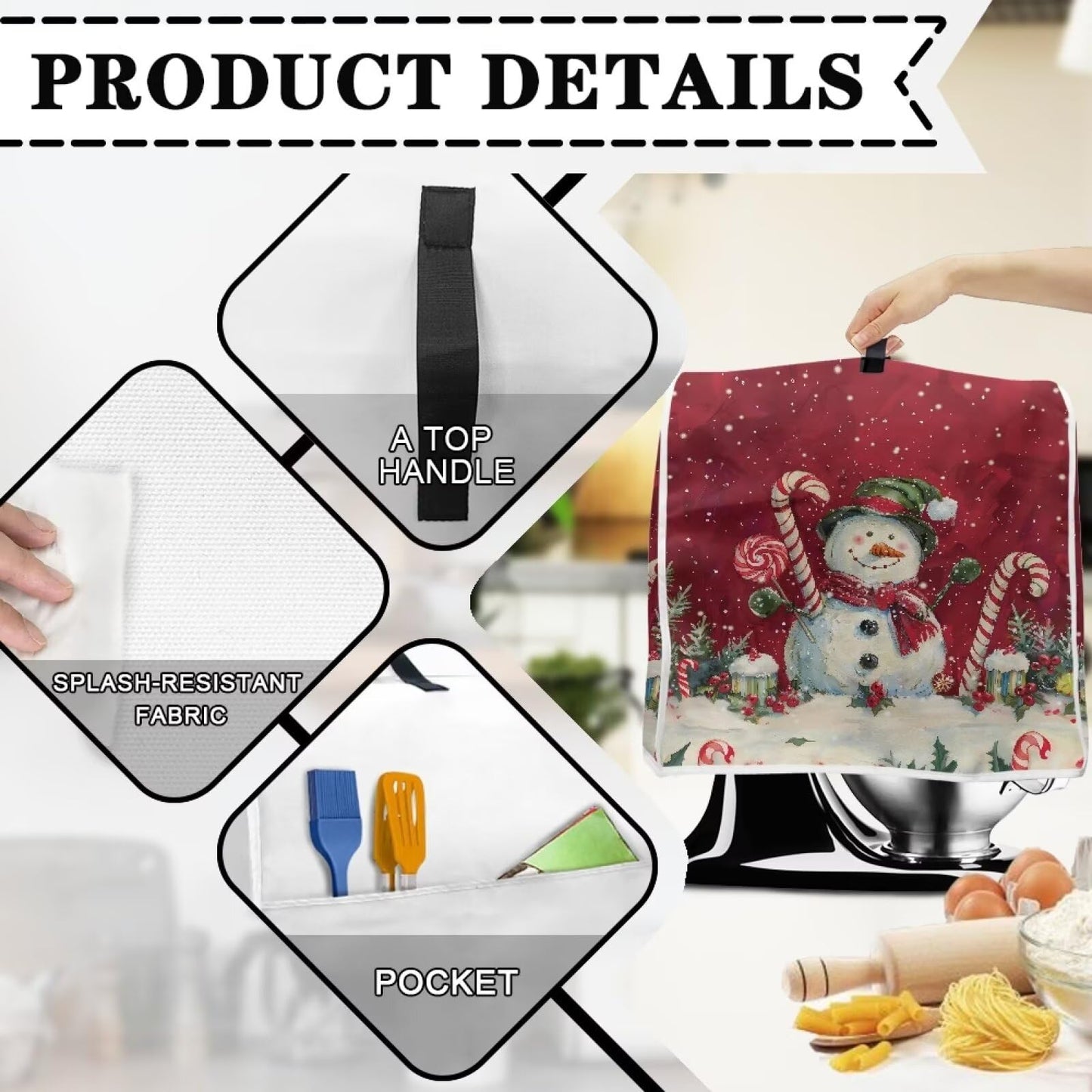 Annejudy Christmas Snowman Pattern Kitchen Aid Mixer Cover, Food Processor Cover with Top Handle and Pocket, Dust Covers for Kitchen Appliances Stand Mixer or Coffee Maker Appliance Cover