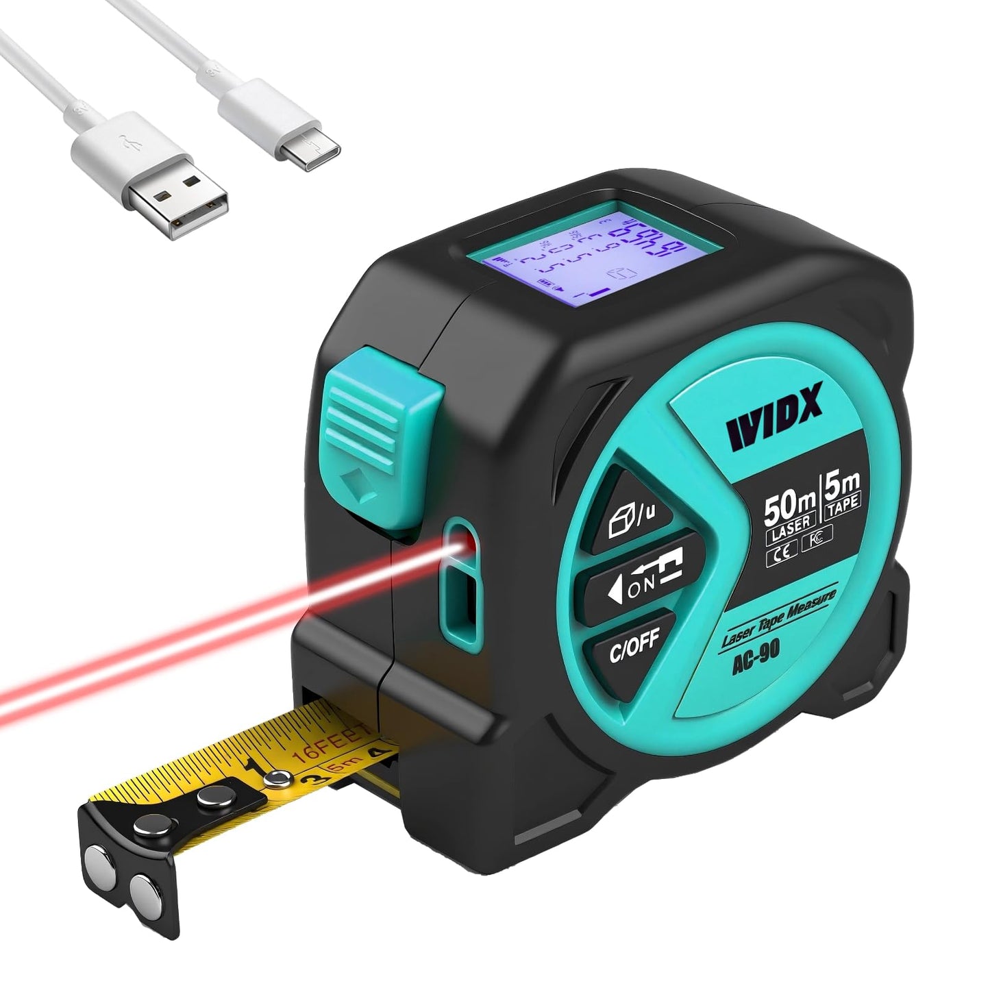 WIDX 2 in1 Laser Tape Measure,164ft Laser Distance Measurement & 16ft Auto-Lock Tape Measure with Magnetic Hook, LCD Display, in/Ft/M Unit, Linear/Area/Volume/Pythagorean for Different Scenarios