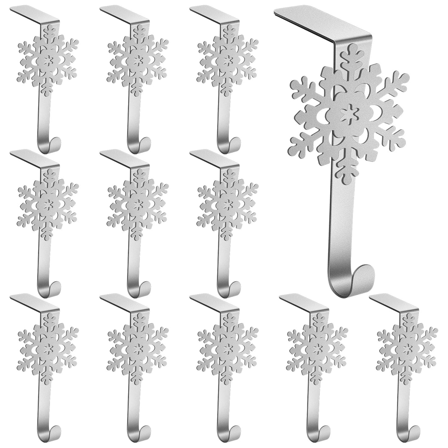 Lounsweer 12 Pieces Snowflake Christmas Stocking Holders Silver Metal Mantel Stockings Hangers Stand Christmas Ornament Hooks Metal Fireplace Clips for Xmas