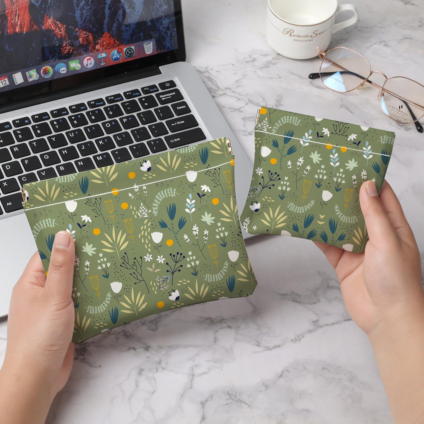 Luoycxy 2 PCS PU Leather Small Makeup Bag Set for Purse,No Zipper Self-closing Cosmetic Bag, Portable Coin Purse Lipstick Accessories Organizer Travel Toiletry Storage Pouch for Women,Green Flower