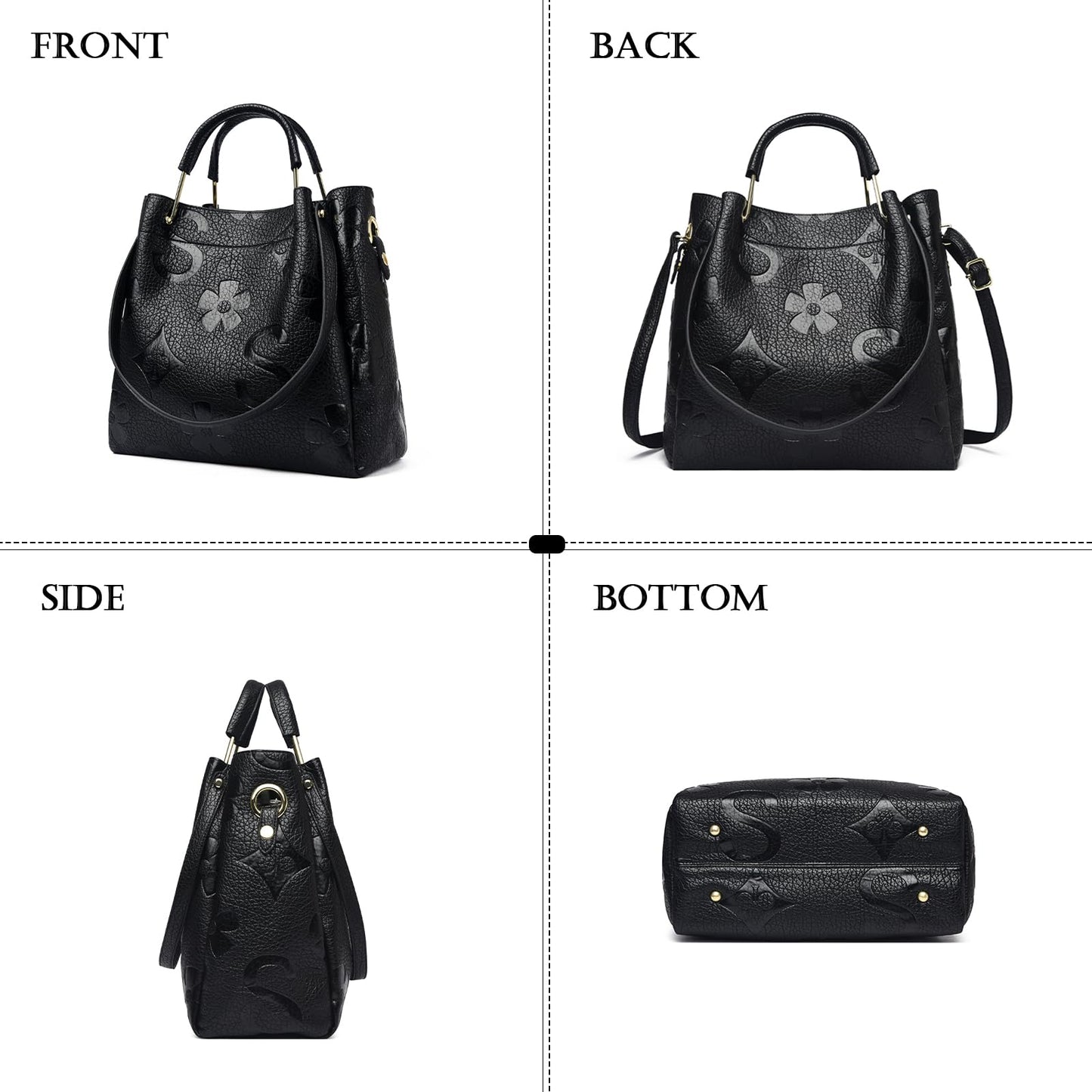 Travistar Floral Handbags and Purses Women - Retro Embossed Leather Top Handle Handbag Large Women's Shoulder Bag 3-in-1 Trendy Hobo Purse Ladies Bucket Satchel Bags Black Work Tote