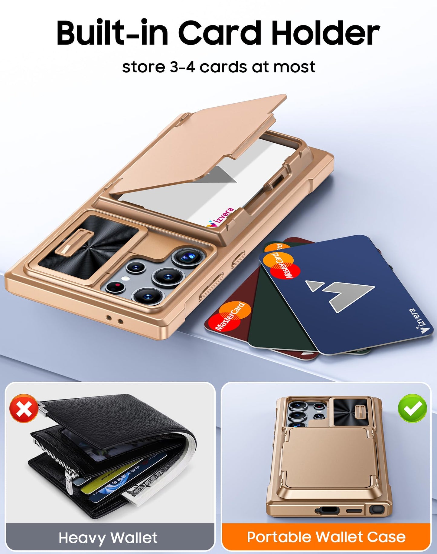 Vizvera for Samsung Galaxy S24 Ultra Case Wallet, RFlD Cards Holder & Camera Cover & Kickstand for Women Men, Full Body Rugged Shockproof Silicone Case for S24 Ultra 6.8" 2024 Only-Champagne Gold