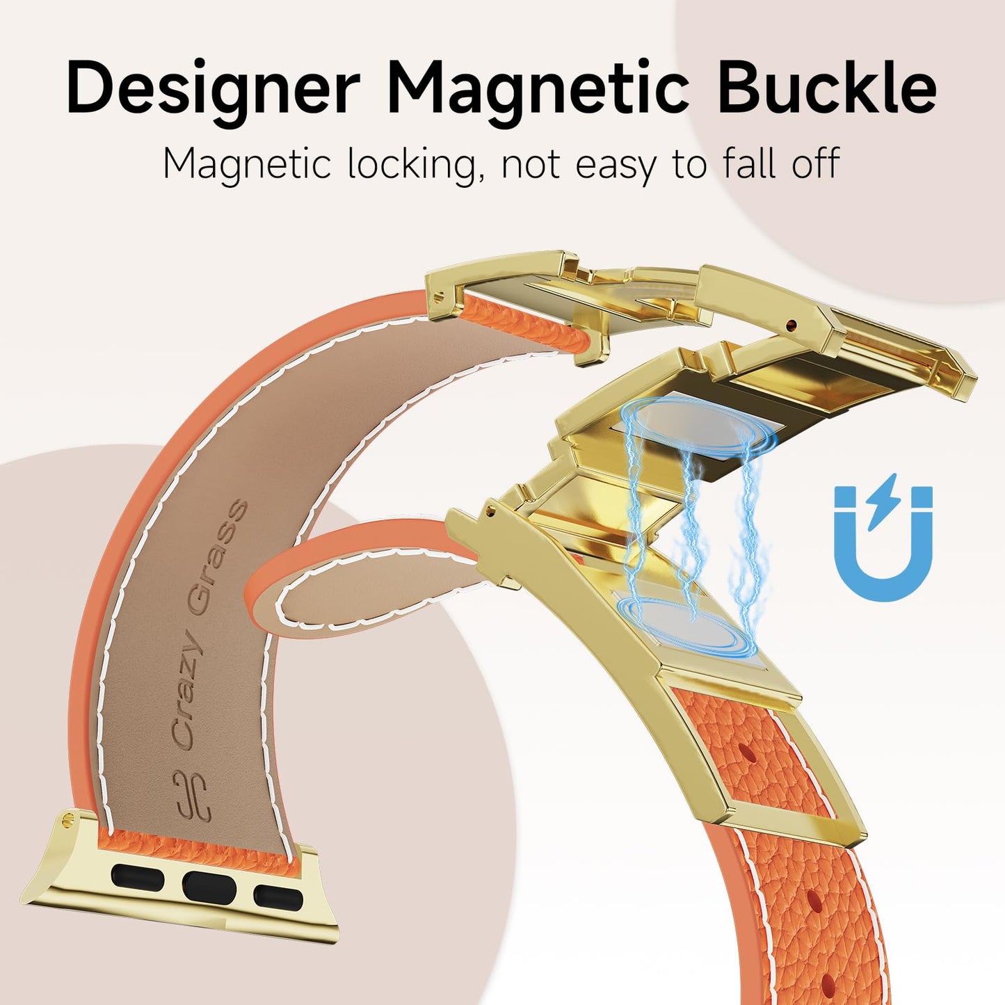 Leather Band Compatible with Apple Watch BandUltra 2 1 Series 10/9/8/7/6/5/4/SE,H-Shaped Buckle strap for iWatch 38/40/41/42/44/45/46/49mm Women Men (Orange Band + Gold H Buckle, 38mm 40mm 41mm 42mm)