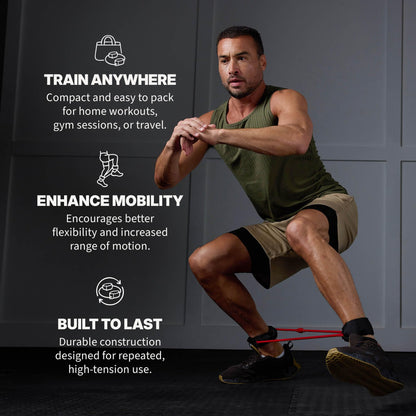 SPRI Xercuff Leg Resistance Band Exercise Cord with Non-Slip Padded Ankle Cuffs, Red, Medium