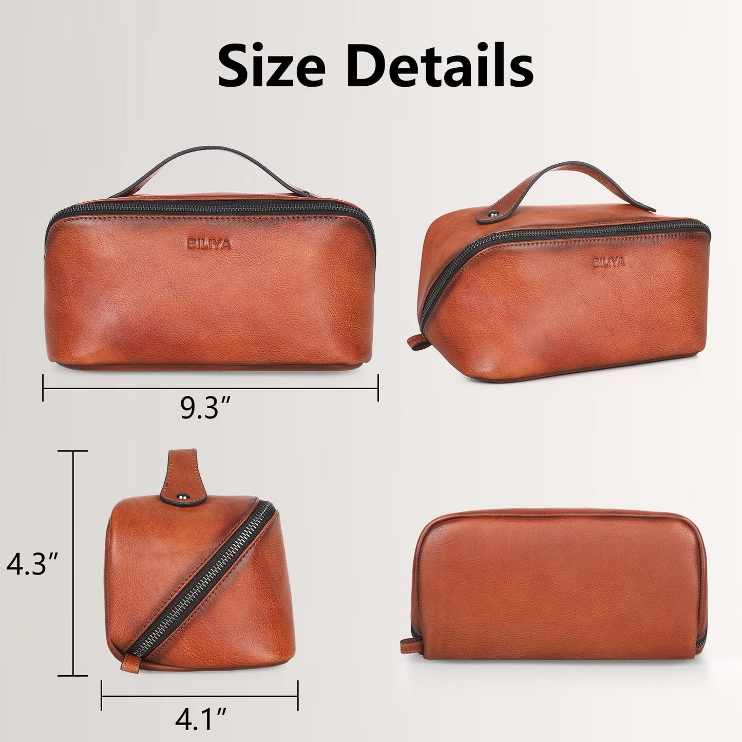 BILIYA Hand Rubbed Genuine Leather Makeup Bag Vintage Brown Cowhide Cosmetic Case with Handle Handmade Travel Organizer for Women