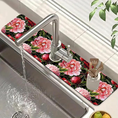 Blooming Peony Sink Splash Guard Pink Peony Flowers Faucet Absorbing Mat Fast
