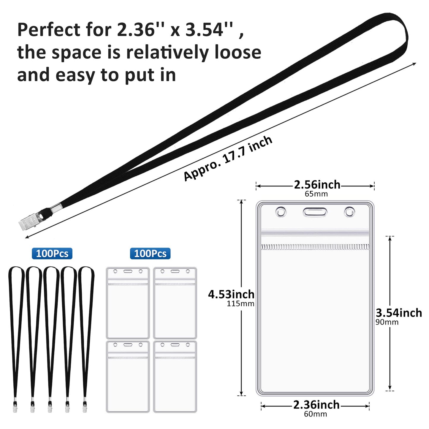Marspark Pcs ID Badge Holder with Lanyard Lanyards for ID Badges Resealable Flat Neck Name Tag with Clip Waterproof Plastic Clear Badges Bulk for School Office Supplies(Black,200)