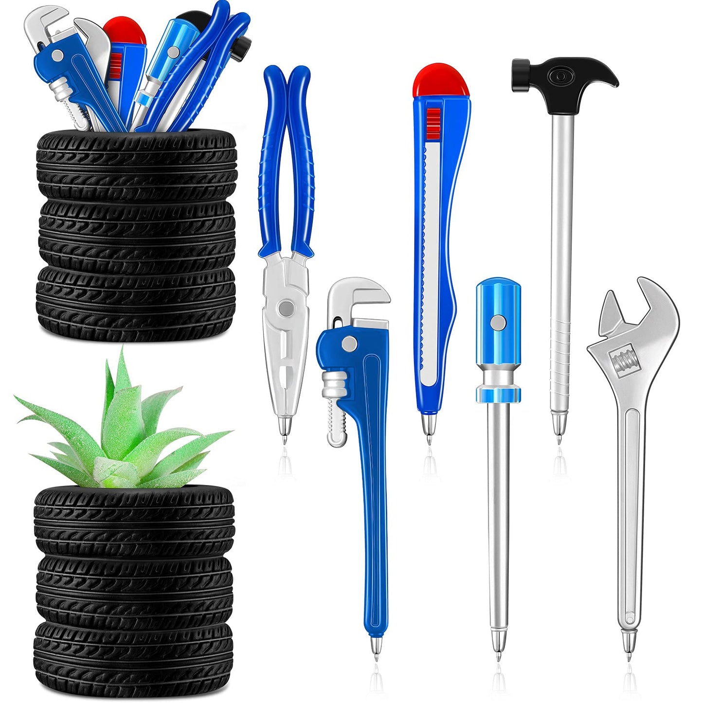 Zonon 6 Pcs Novelty Tool Pens Set with 2 Pcs Tire Shaped Pen Holder Writing Ballpoint for Man Desk Home Office Gift Accessories Organizer Tire Succulent Cactus Planter Pot Decoration