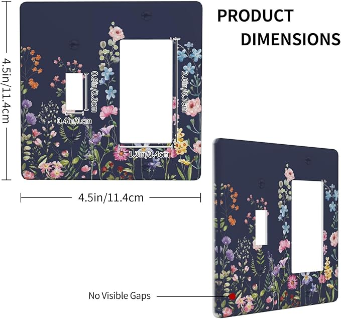 Rustic Wild Floral Darkground Vintage Watercolor Flower 2 Gang Single Toggle Rocker Combination Light Switch Cover Decorative Wall Plate Cover Electrical Faceplate Switchplate for Bedroom