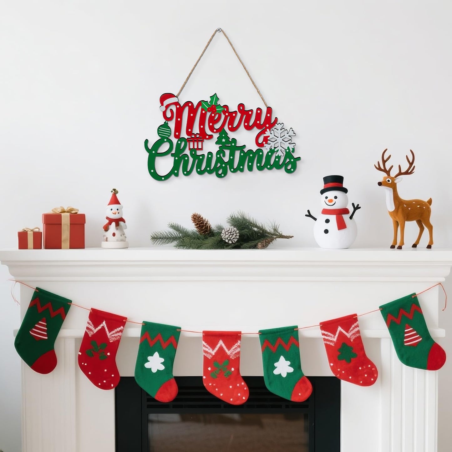 Merry Christmas Sign for Front Door Decor - 2 in 1Wooden 11.8 Inch × 6.7inch Christmas Wreath Wall Hanging or Tabletop Centerpiece for Door, Table, Fireplace