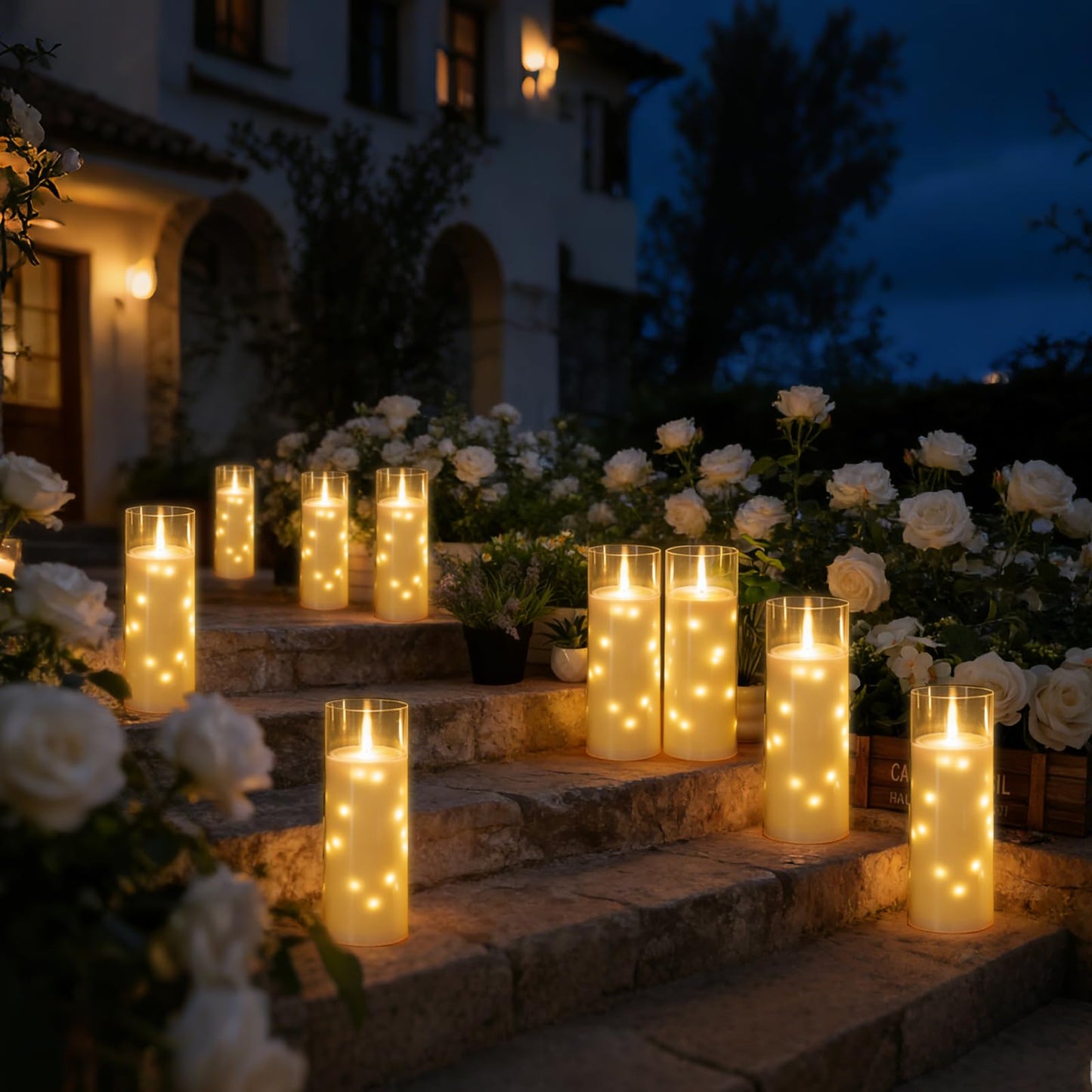 kakoya Large Solar Flameless Candles Outdoor Waterproof 11" x 4",2Pcs LED Pillar Candles Included Rechargeable Solar Battery with Embedded Star String for Outdoor Porch,Patio Decor(White)