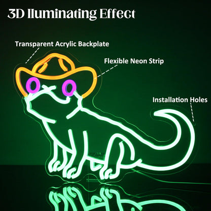 Cowboy Green Iguana Neon Sign Lizard Neon Lights Reptile with Cowboy Hat LED Signs for Wall Decor Anime Neon Light Sign Animal Light Up Signs for Kids Bedroom Game Room Birthday Party Decor