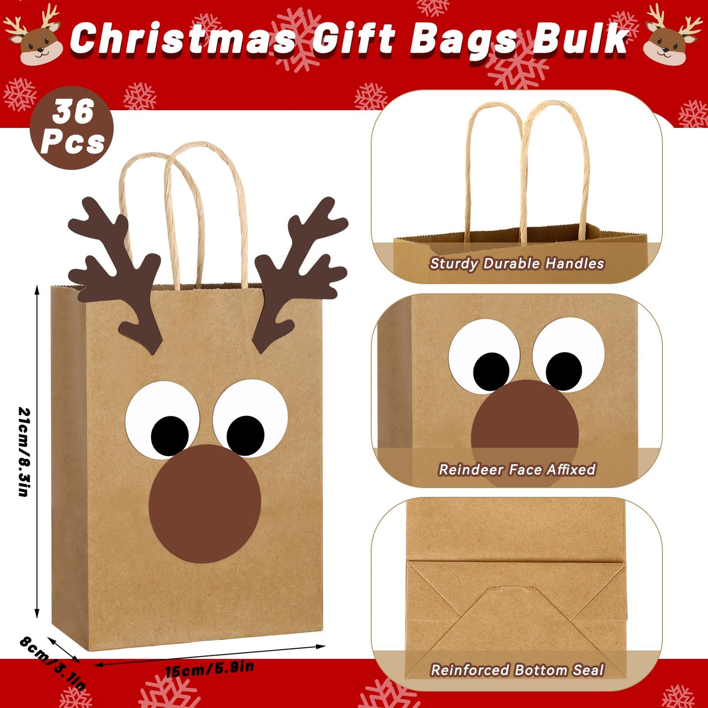 FOGWOWO 36 Pcs Reindeer Gift Bags DIY Reindeer Bags,Christmas Goodie Bags Kraft Paper Reindeer Treat Bags Party,Xmas Candy Bags Bulk with Handles Wrapping Supplies