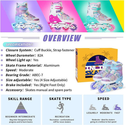 Inline Skates for Girls - Adjustable 4 Size Butterfly Roller Skates with Flashing Wheels | Indoor & Outdoor Use