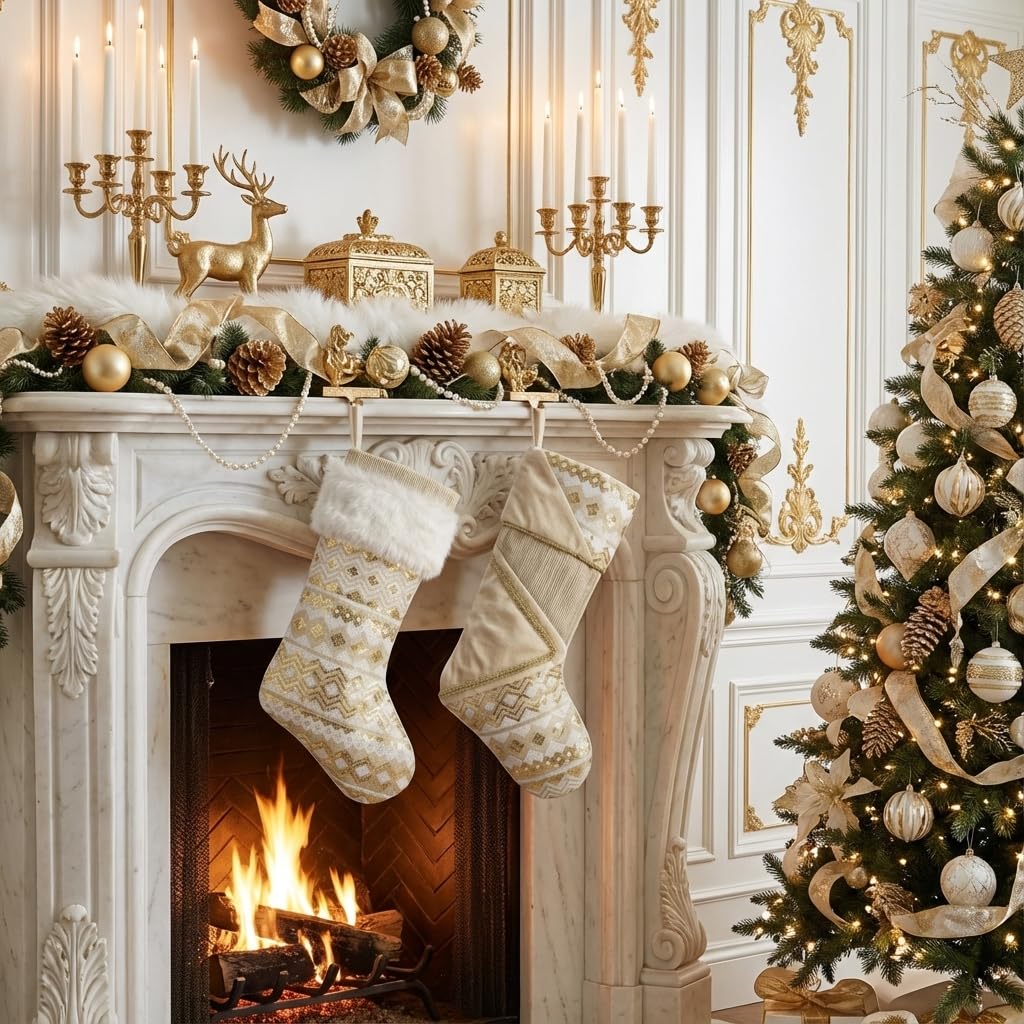Valery Madelyn Christmas Stockings Decorations, 21 Inch Fabric 2 Pack White Gold Corrugation Exquisite Plush Personalized Fireplace Hanging Ornament for Holiday Xmas Party Decor