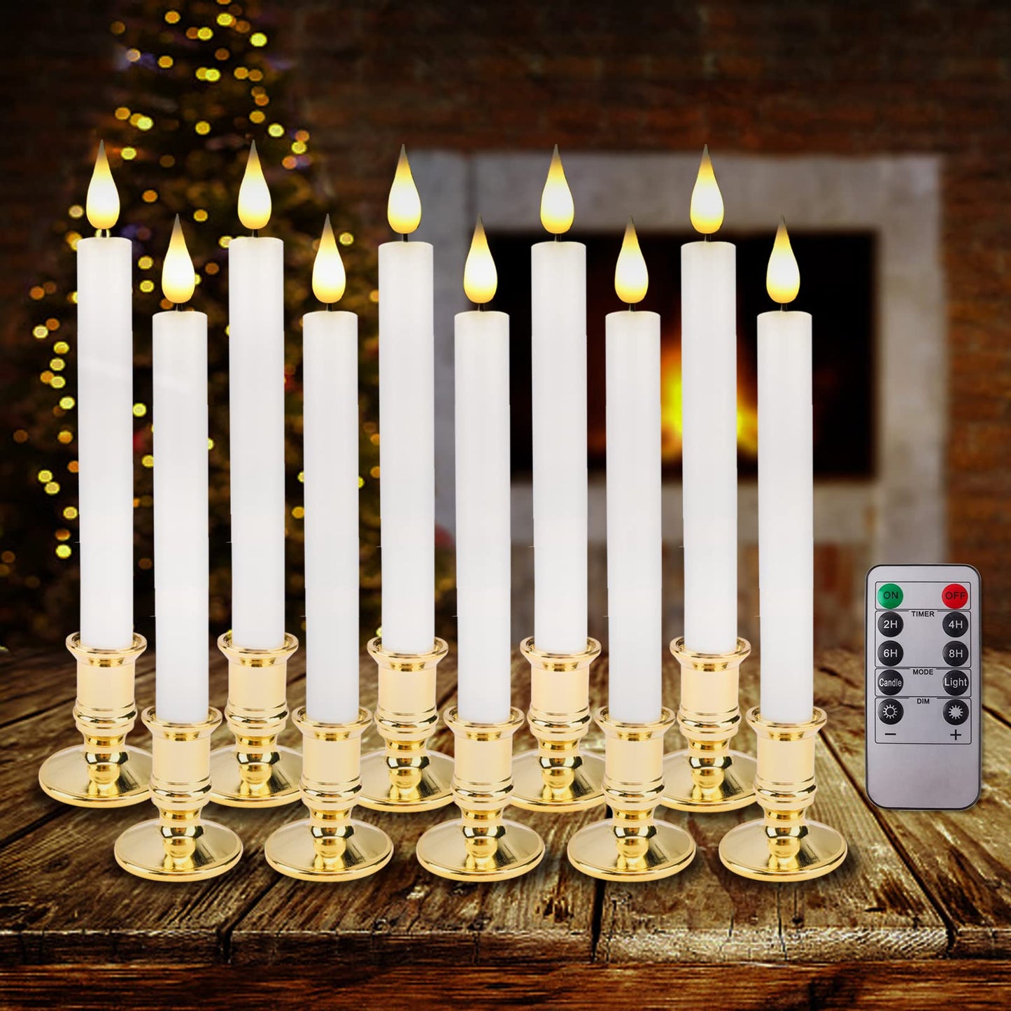 Bociks Flameless Window Candles with Remote Timer 10 PCS Battery Operated LED Flickering Taper Candle Lights with Removable Gold Candle Holders Best Gift for Xmas Wedding Home Dinner Decor
