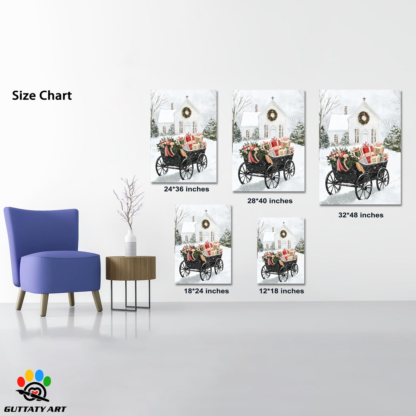 GUTTATY Christmas Canvas Wall Decor, Christmas Gift Carriage Canvas Wall Art, White Church Snowy Scene Wall Pictures, Minimalist Xmas Canvas Artworks for Living Room, Bedroom 18x24 Inch