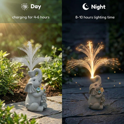 Vuees Solar Elephant Statue with Fiber Optic Light, Resin Animal Figurine Garden Decor, Waterproof Outdoor Sculpture Ornament for Patio, Yard, Porch and Lawn Decoration