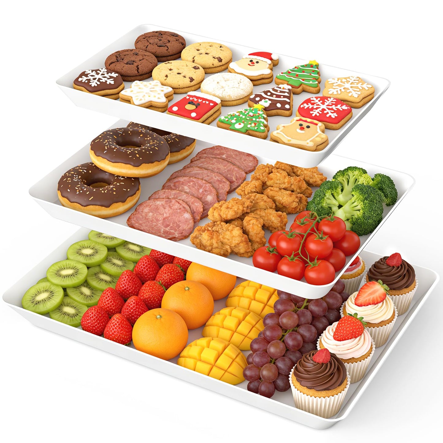 SpaceWhisper 3 Pack Serving Tray, White Rectangular Appetizer Platters for Party, Catering, Buffet, Large Reusable Serving Dishes for Snacks, Fruit, Dessert, 3 Size Set 16 * 11", 14 * 9", 12 * 7"