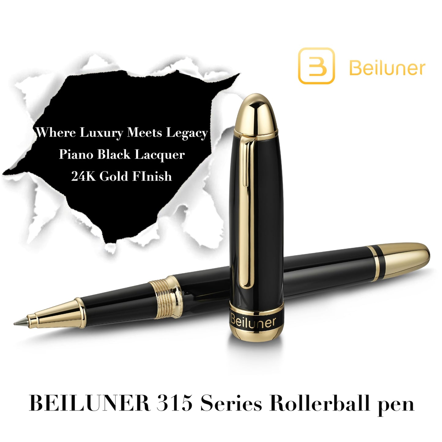 BEILUNER 315 Luxury Rollerball Pen, with 24K Gold Finish, Black Piano Lacquer, Luxury Grade Craftsmanship, Best Pen Gift Set for Men and Women, Professional, Executive, Office, Fancy, Nice Pens