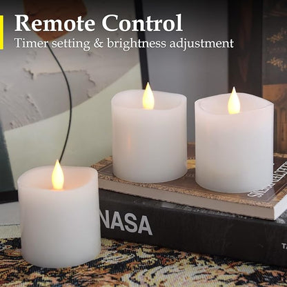 Flameless Candles with Flickering Flame & Remote - 3×3'' Battery Operated LED Pillar Candles, Smokeless Fake Candles for Indoor Use - Realistic 3 Inch Drip-Free Candles with Timer (White, 3-Pack)