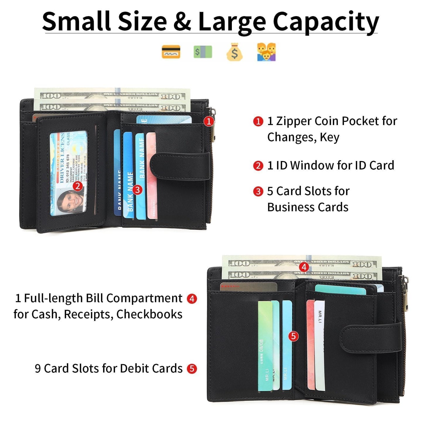 GAEKEAO Small Wallet Women Vegan Leather RFID Blocking Bifold Ladies Compact Card Holder with Zipper Pocket & ID Window
