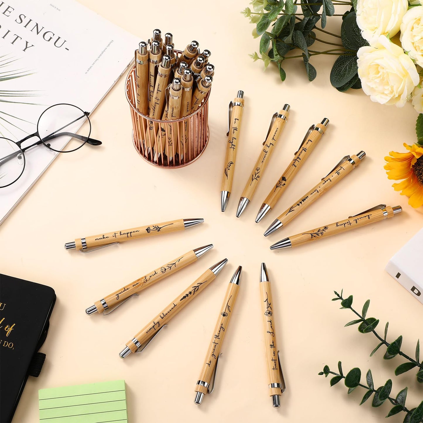 Watersay 30 Pcs Inspirational Bamboo Ballpoint Pens Positive Gifts Bulk Flower Thank You Pens Employee Appreciation Gifts for Coworkers Student Teacher Office
