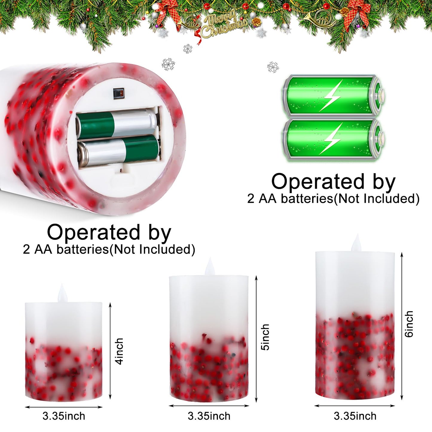 Baquler 3 Pcs Christmas Flameless LED Candles Rowan Berries Embedded Real Wax Unscented Flicker Wick Pillar Candle Battery Operated Warm Light for Home Party Xmas Gift Decoration