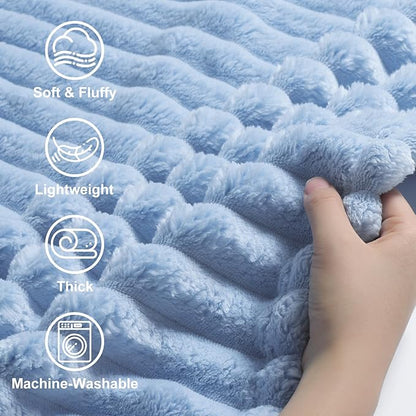 decorUhome Soft Fleece Blue Grey Twin Blanket for Bed, Cozy Fluffy Plush Flannel Striped Throws for Couch Sofa, Lightweight Decorative Ribbed Fuzzy Blanket for Woman, 60x80 Inches