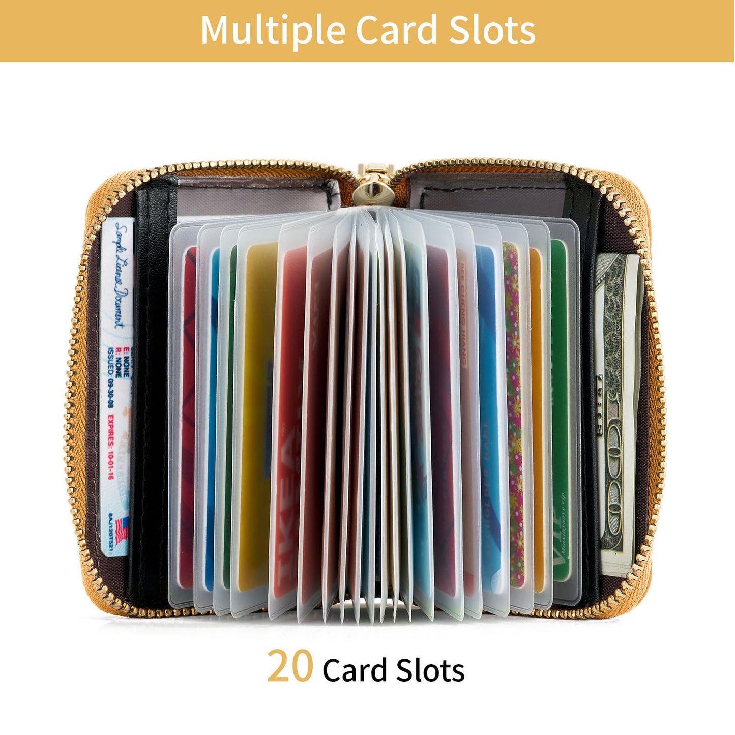 WOZEAH Leather Credit Card Holder for Women Wallet RFID Blocking Zipper Wallet Card Case Business（Yellow）