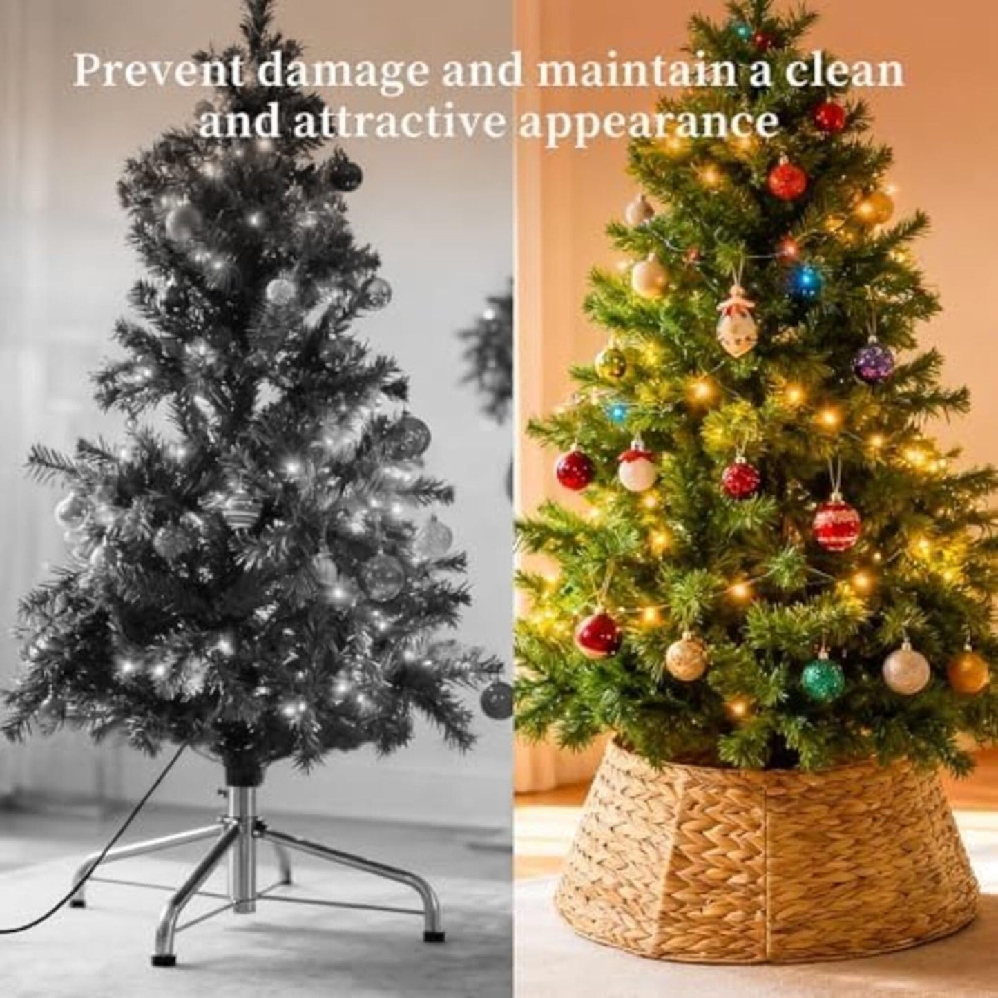 Sweetcrispy 24inch Christmas Tree Collar for 4-7ft Trees, Woven Hyacinth Rattan 4-Panel Collar w/Cord Access Hole & Easy Lock Design,Handwoven Natural