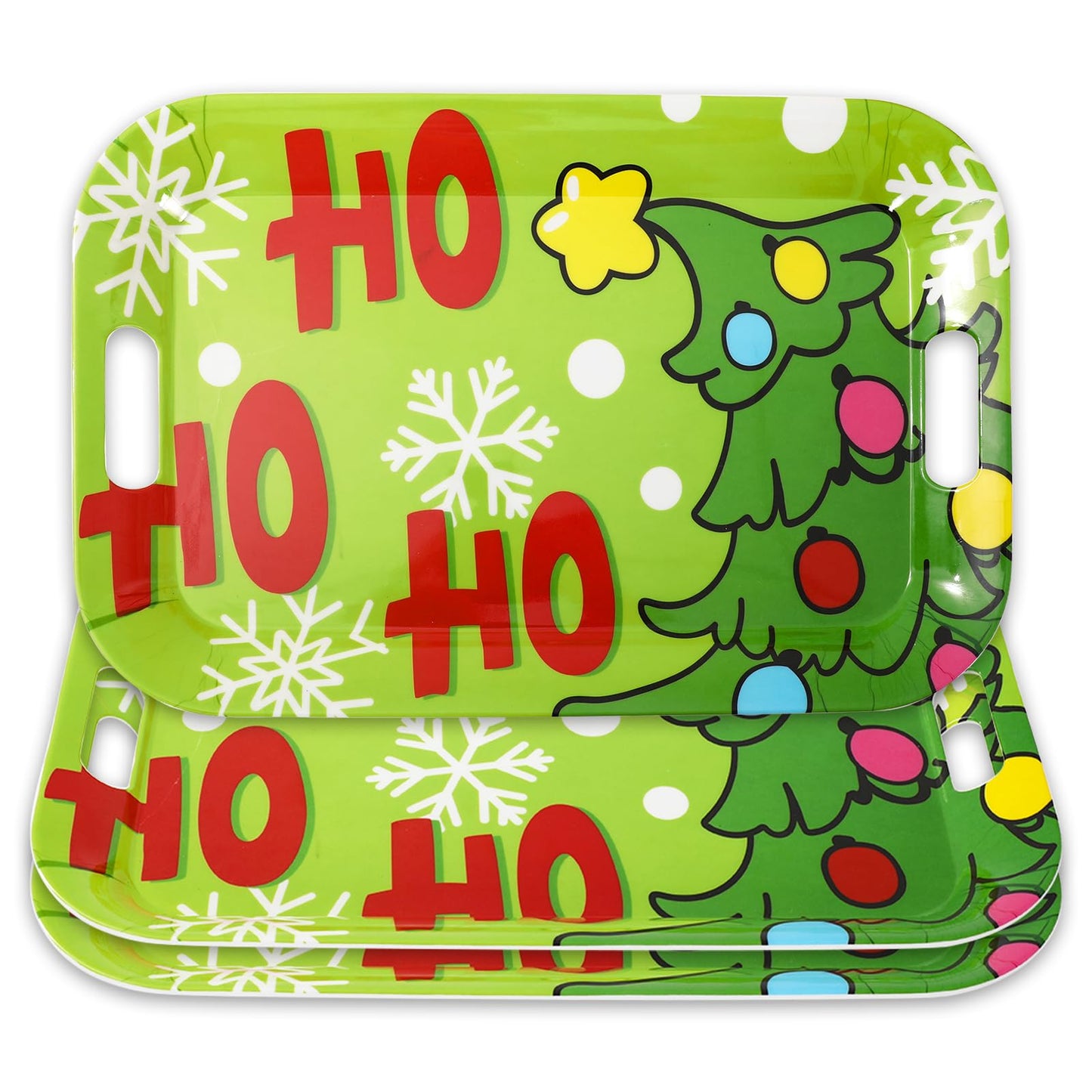 JarThenaAMCS 3Pcs Christmas Serving Trays 16.4 x 11 Inch Xmas Tree HOHOHO Snowflake Platter with Handles Reusable Green Serving Dishes for Winter Birthday Party Sharing Snacks Fruit Dessert